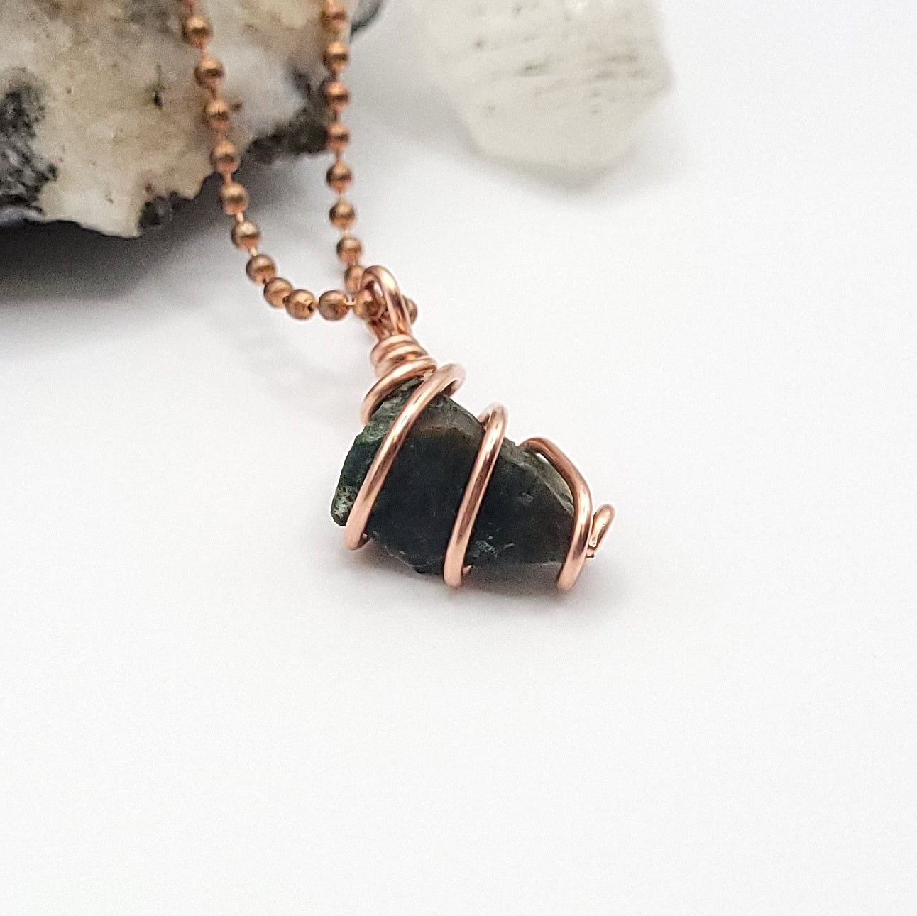 Raw Bloodstone Crystal Necklace in Copper Wire, side view