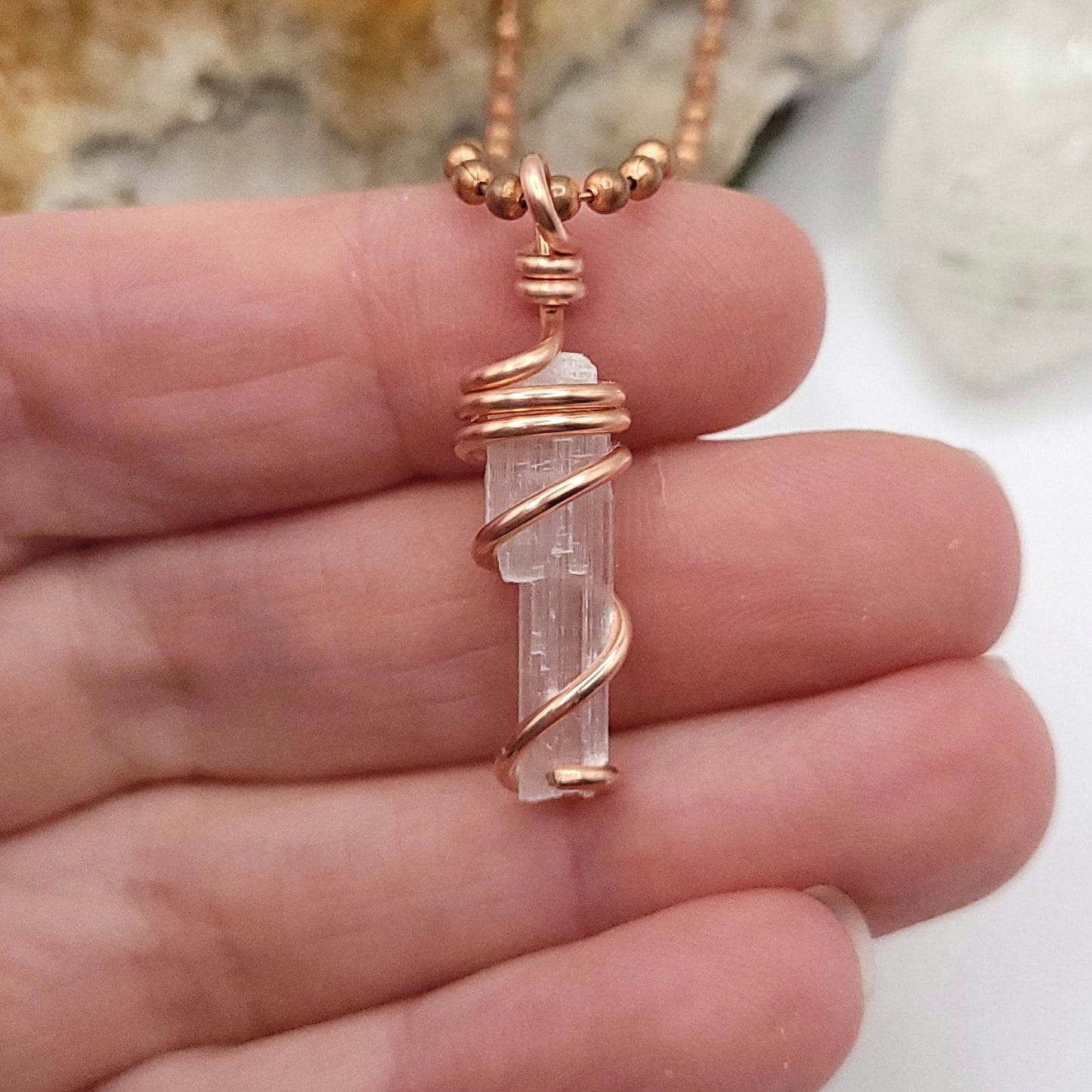 Raw Selenite Crystal Necklace in Copper Wire