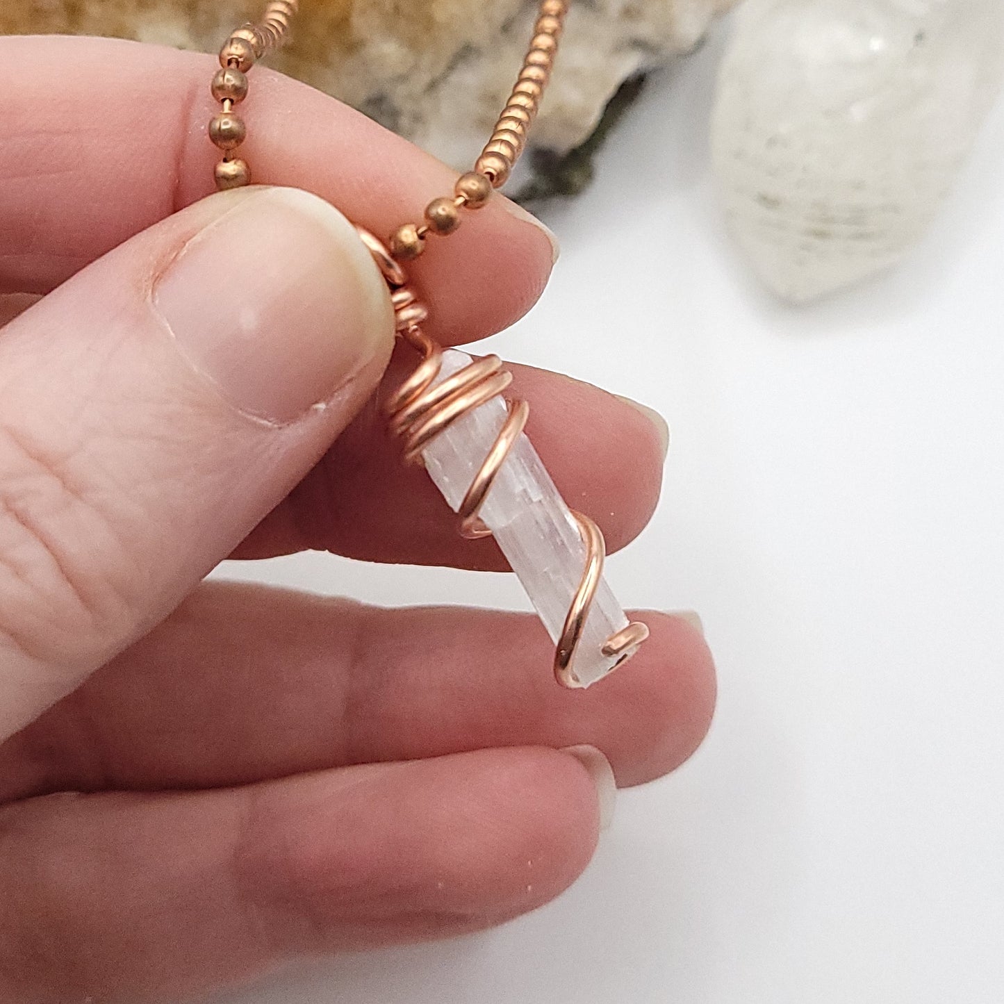 Raw Selenite Crystal Necklace in Copper Wire