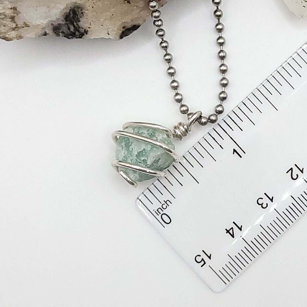 Raw Green Aventurine Crystal Necklace in Silver, measurement