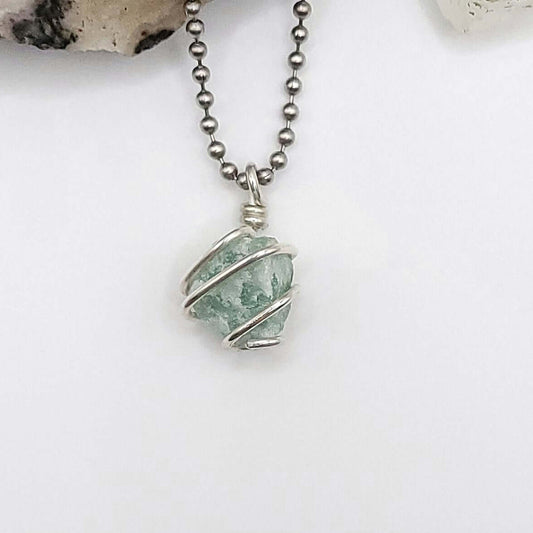 Raw Green Aventurine Crystal Necklace in Silver