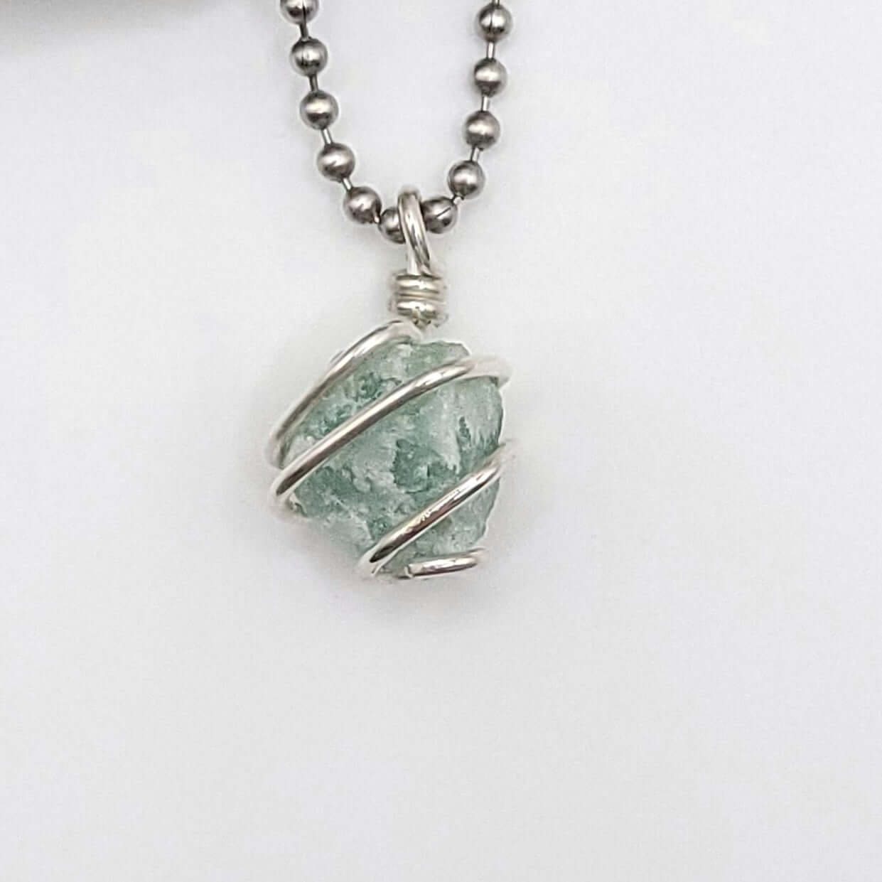 Raw Green Aventurine Crystal Necklace in Silver, close up