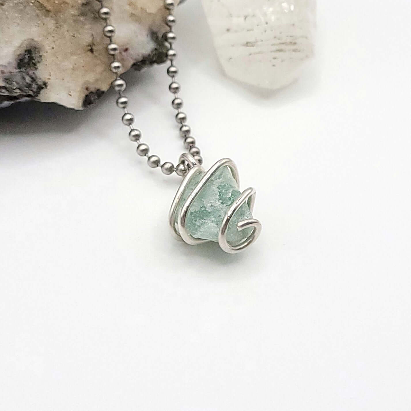 Raw Green Aventurine Crystal Necklace in Silver, sode view