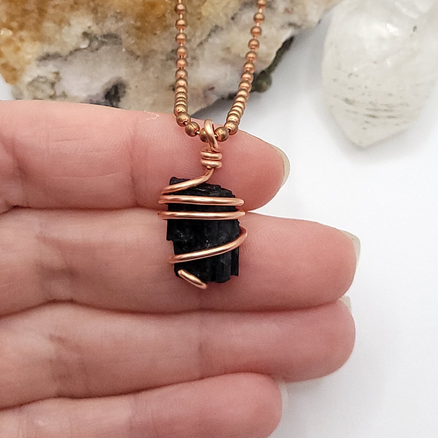 Raw Black Tourmaline Crystal Necklace in Copper