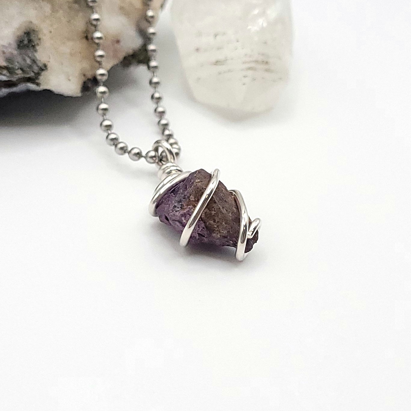 Raw Purpurite Crystal Necklace in Silver side view
