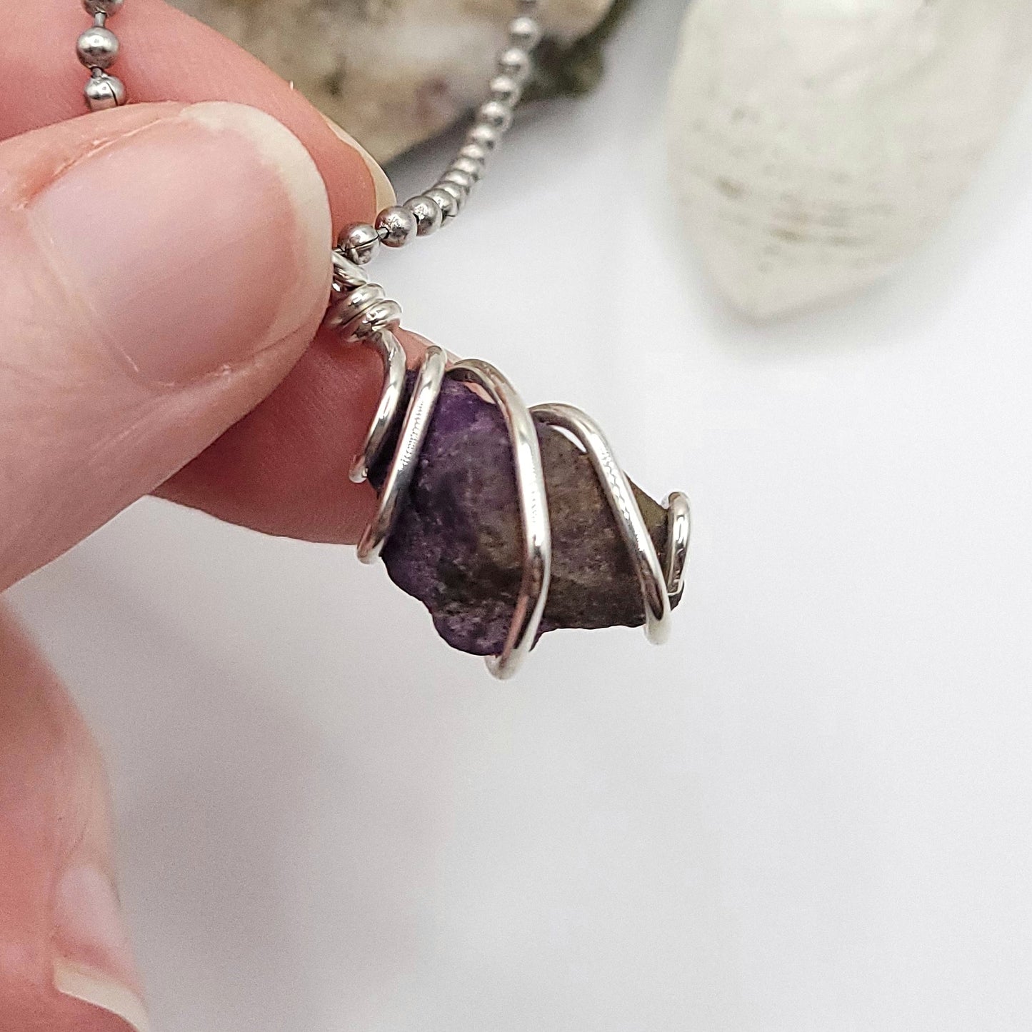 Raw Purpurite Crystal Necklace in Silver close up side view