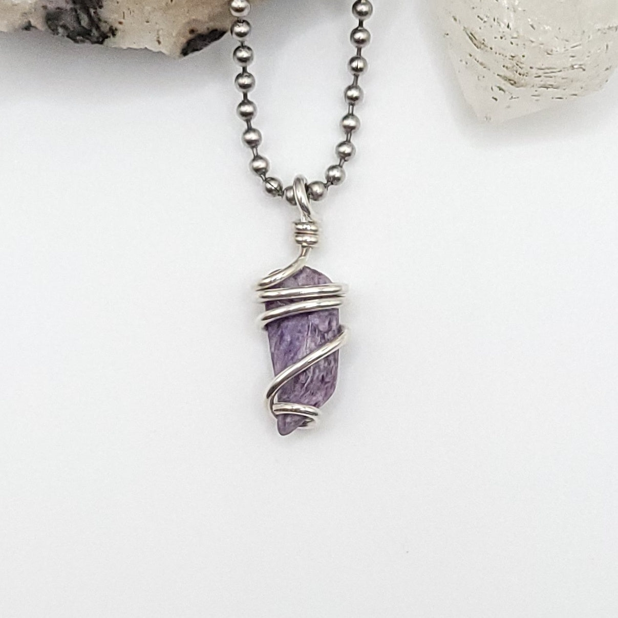 Charoite necklace in silver wire, featuring a genuine Charoite crystal pendant showcasing its violet energy.