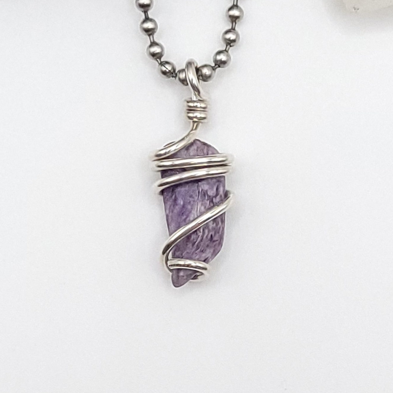 Charoite necklace in silver wire - genuine Charoite wrapped in .925 sterling silver for transformation and clarity.