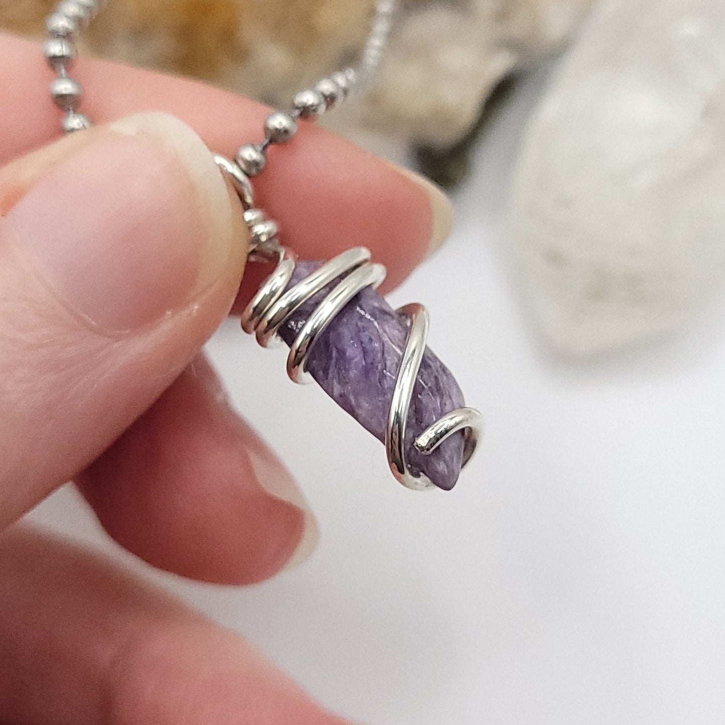 Charoite necklace featuring a genuine purple stone wrapped in .925 sterling silver wire for transformation and clarity.