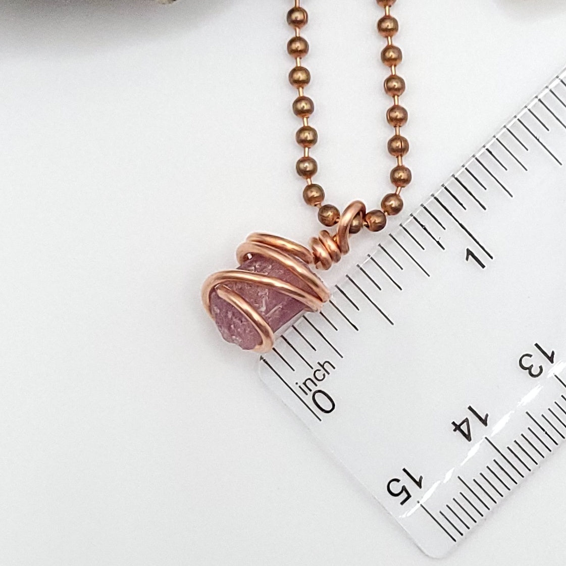 Raw Pink Tourmaline Crystal Necklace in Copper measurement 3/4 inch