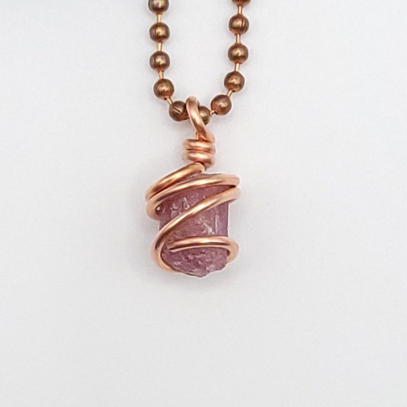 Raw Pink Tourmaline Crystal Necklace in Copper close up
