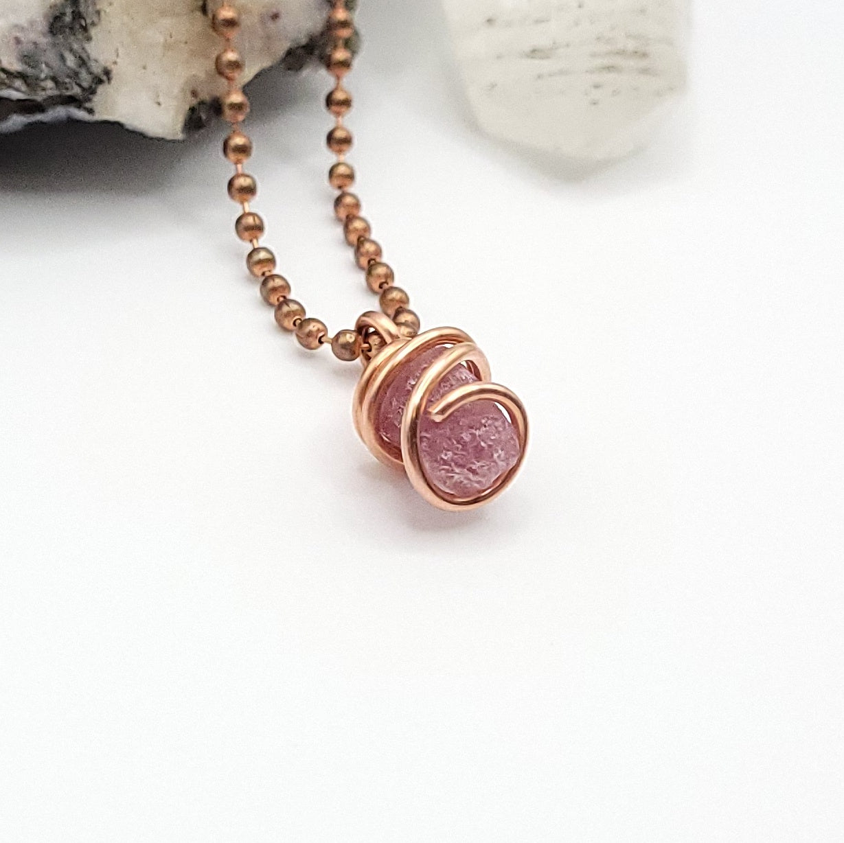 Raw Pink Tourmaline Crystal Necklace in Copper side view