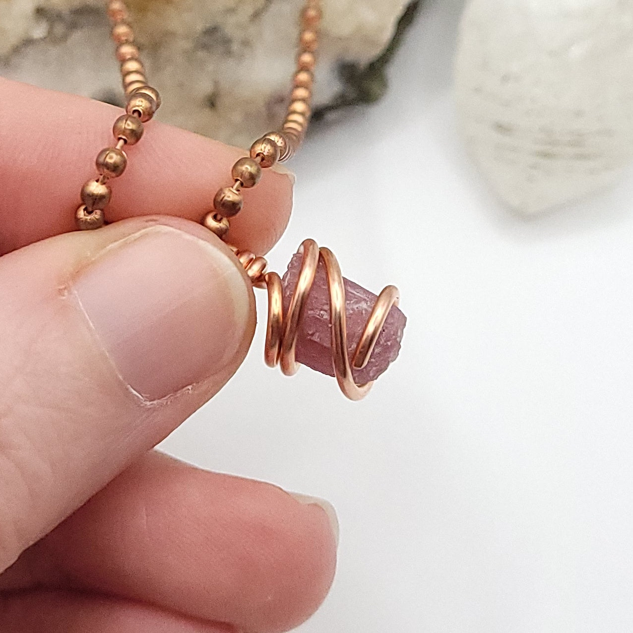 Raw Pink Tourmaline Crystal Necklace in Copper up close