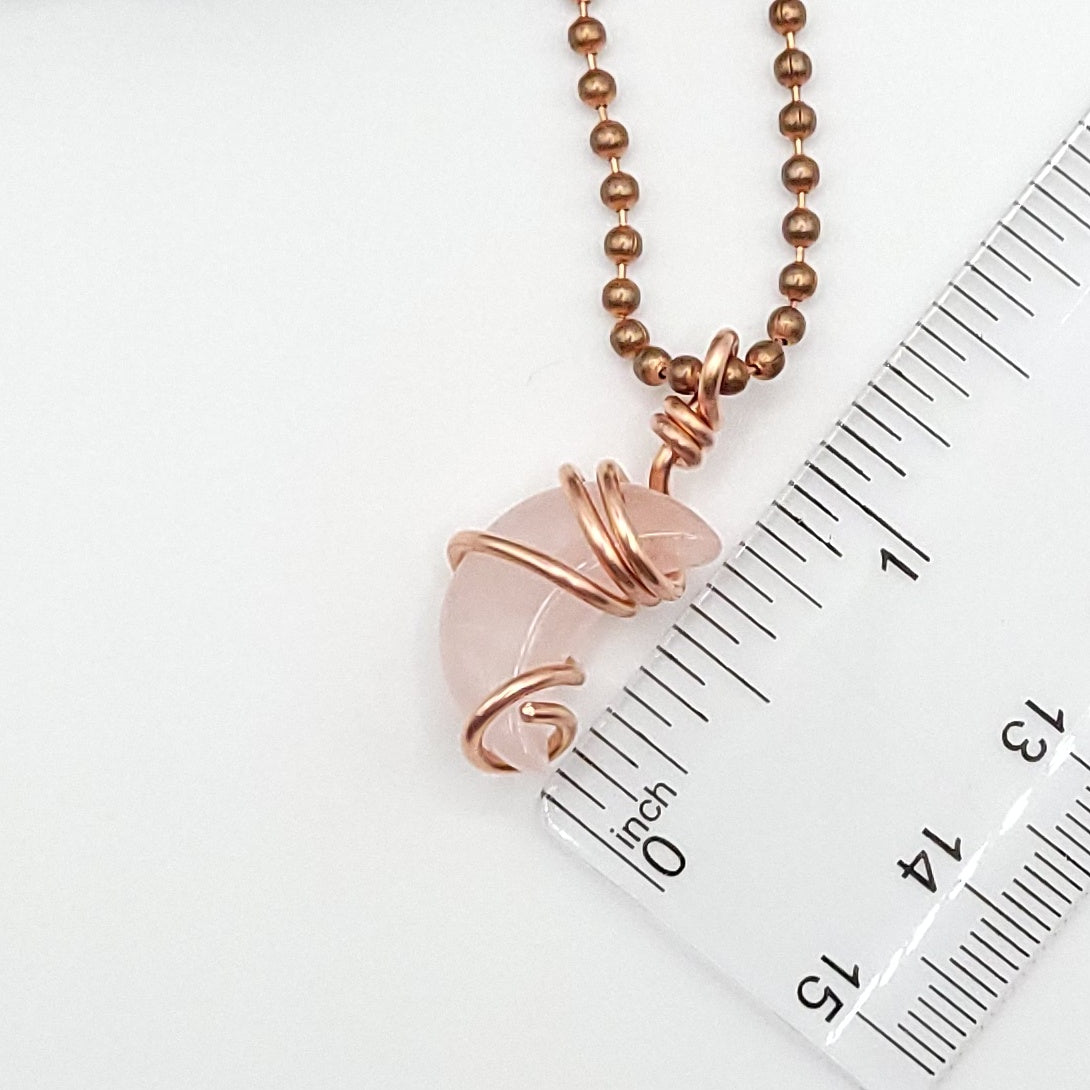 Rose quartz Crescent Moon crystal necklace in copper measurement
