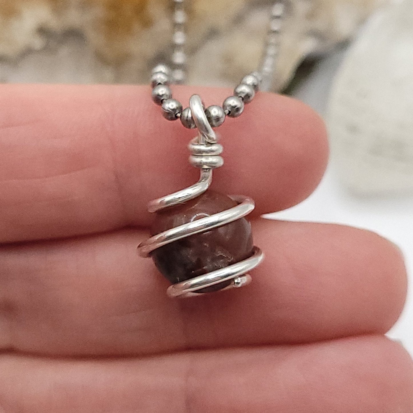 African Bloodstone Sphere Crystal Necklace in Silver close up