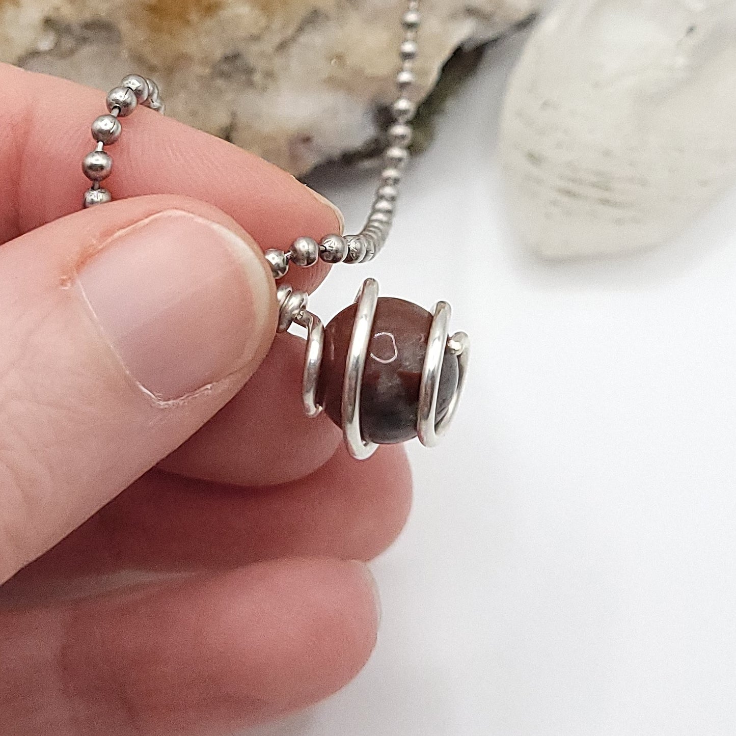 African Bloodstone Sphere Crystal Necklace in Silver side view