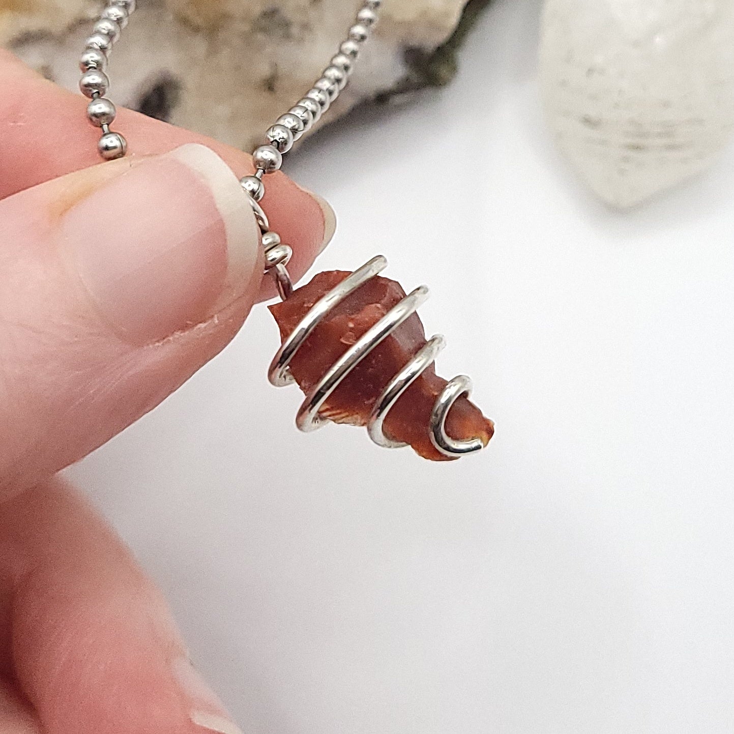 carnelian necklace in silver wire close up side view