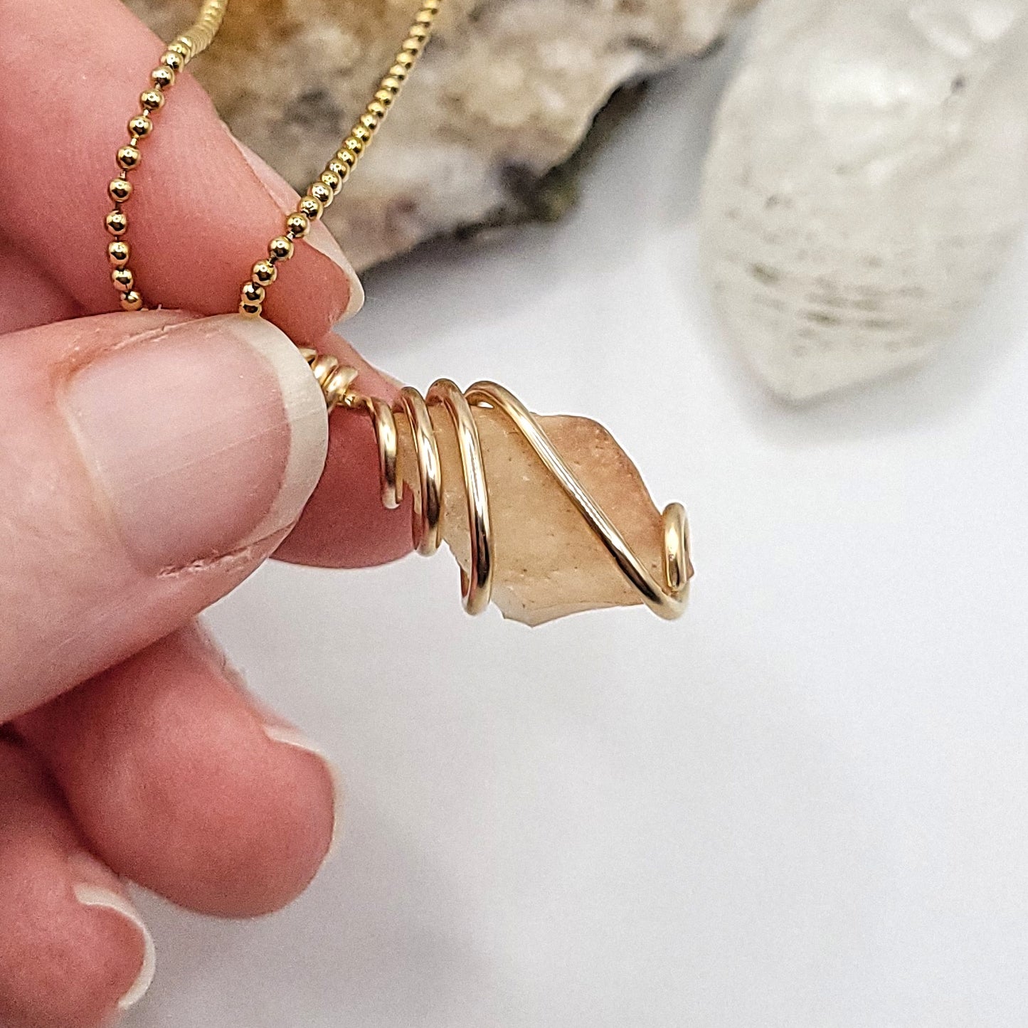 Raw Libyan Desert Glass Crystal Necklace in Gold up close