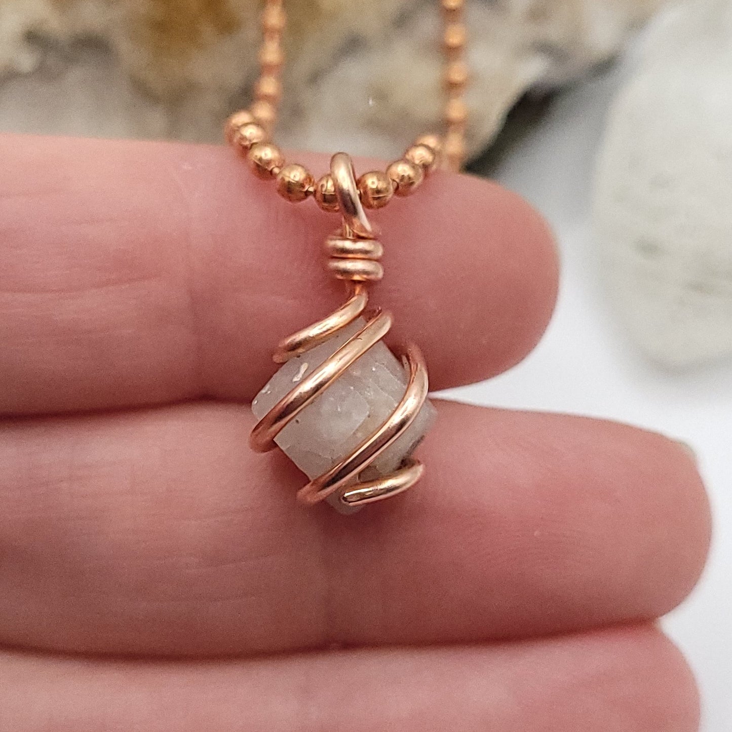 Beta Quartz necklace wrapped in copper wire, representing transformation and clarity of purpose.