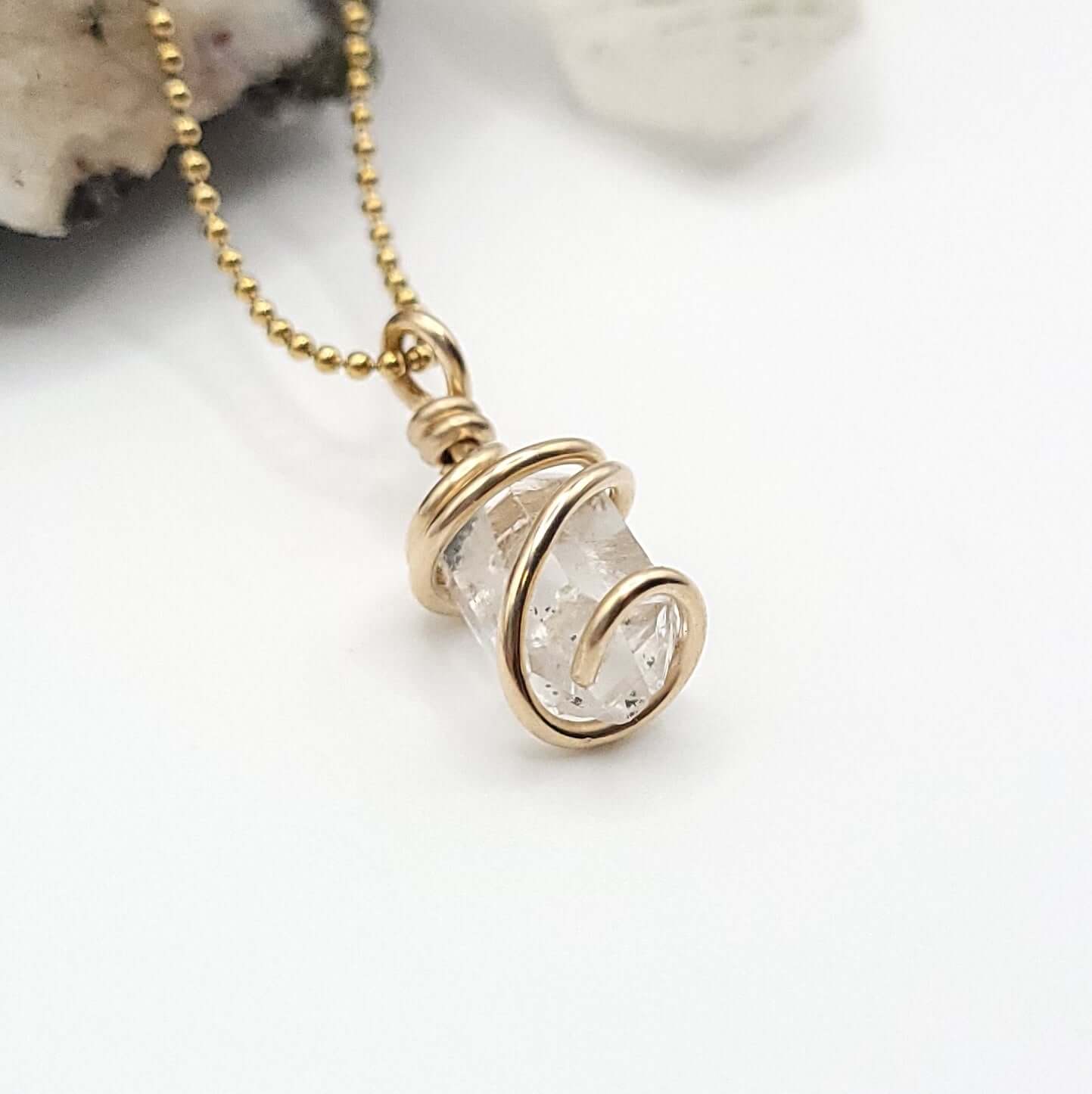 Raw Herkimer Diamond Quartz Necklace in Gold side view