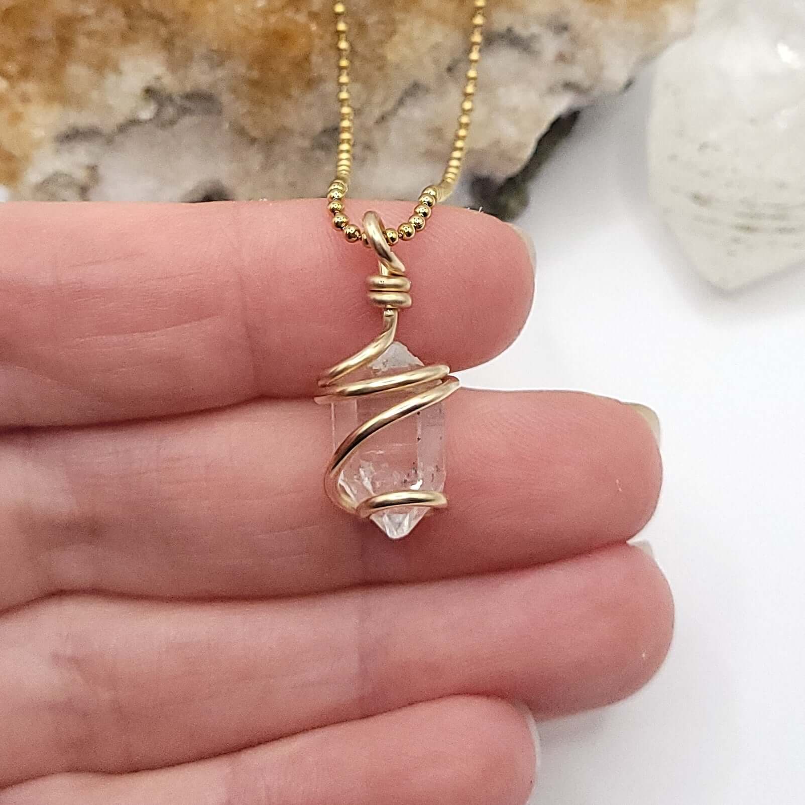 Raw Herkimer Diamond Quartz Necklace in Gold