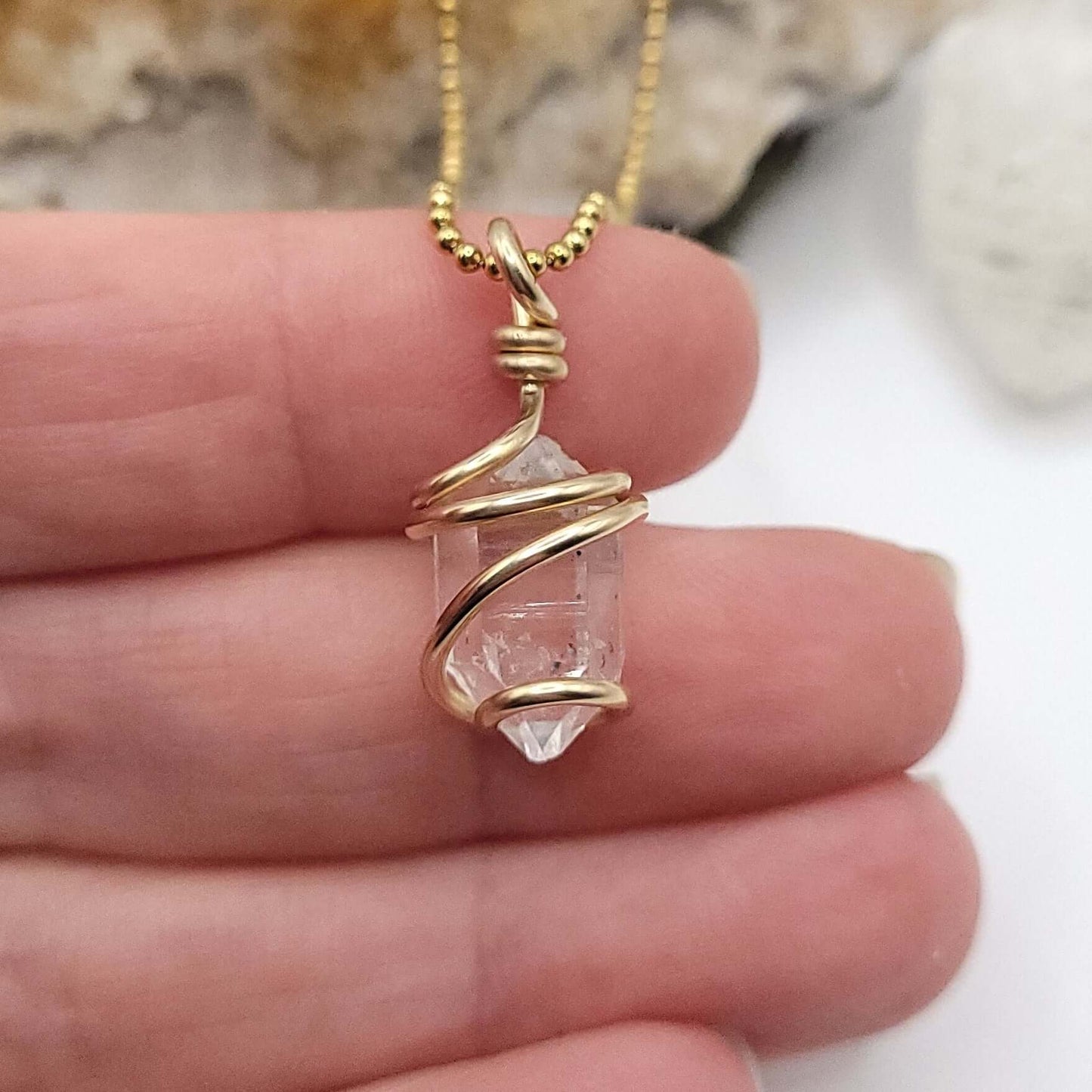 Raw Herkimer Diamond Quartz Necklace in Gold close up