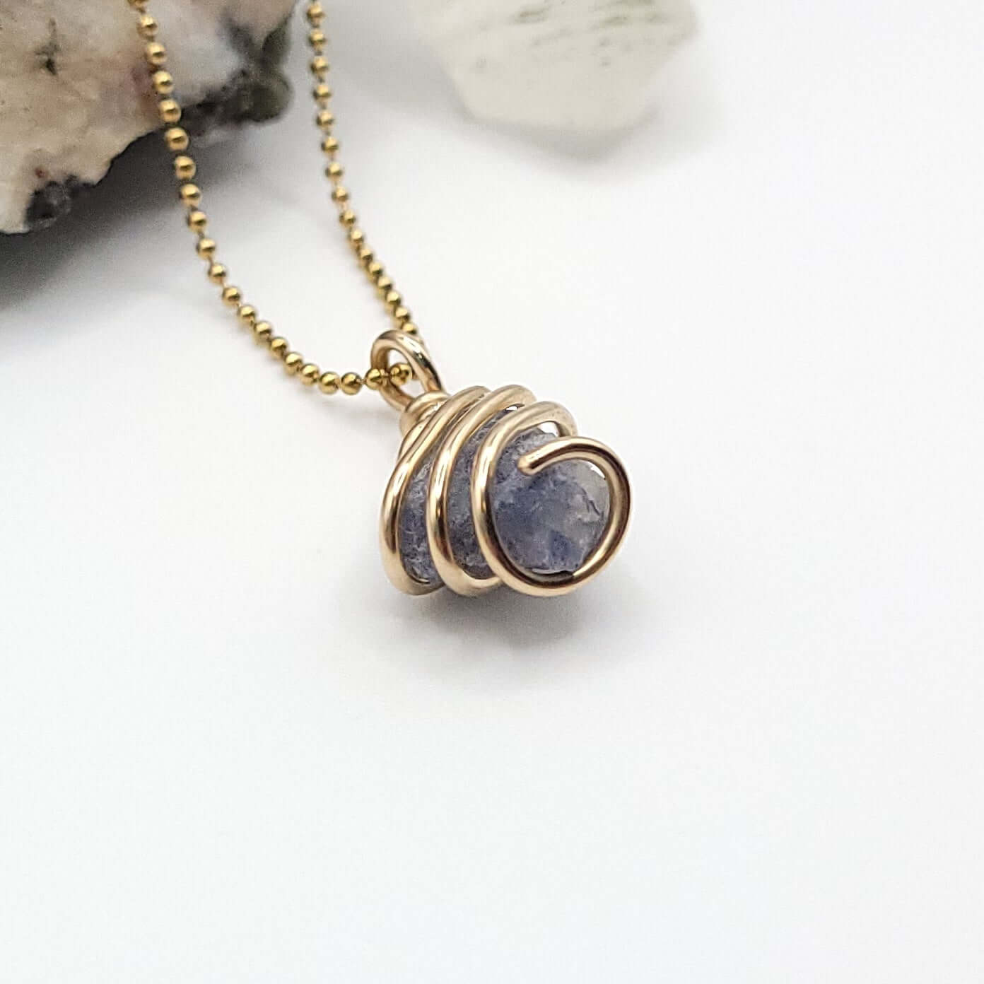 Raw Dumortierite Quartz Crystal Pendant in Gold side view