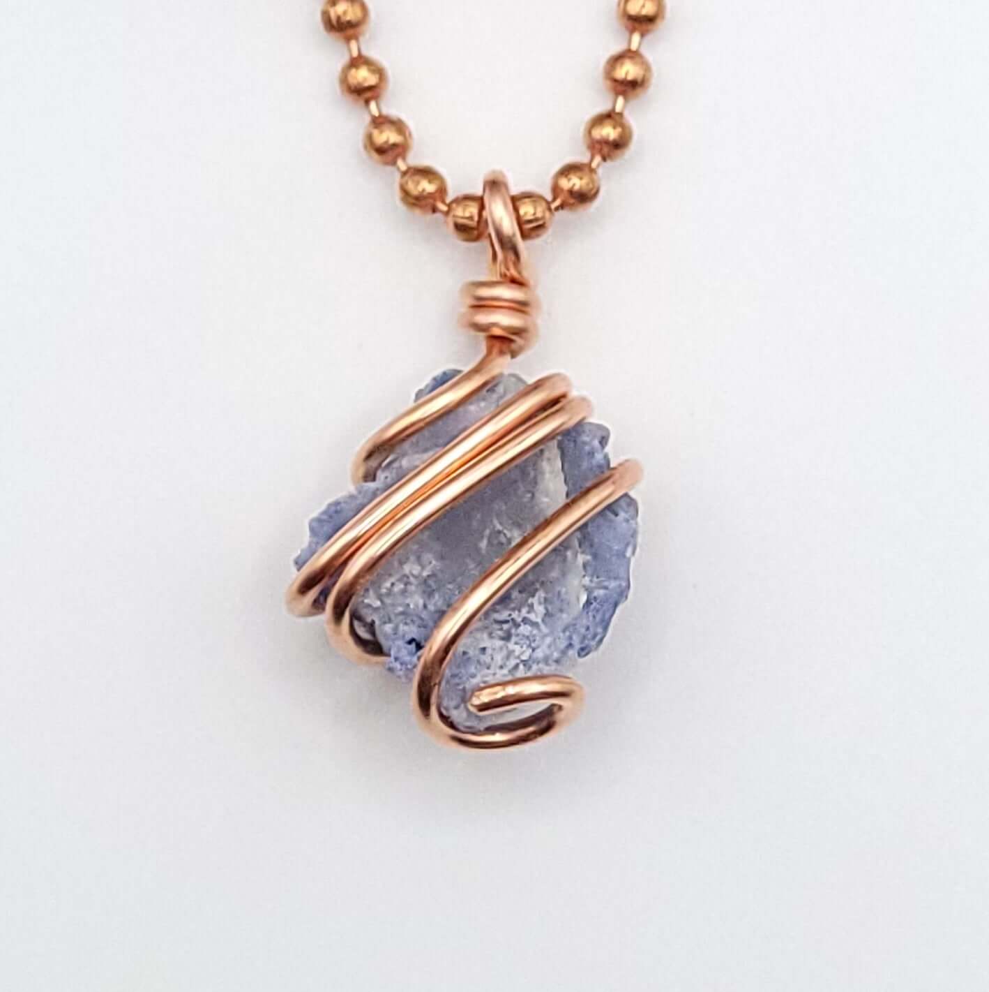 Dumortierite Quartz Crystal Pendant in Copper close up