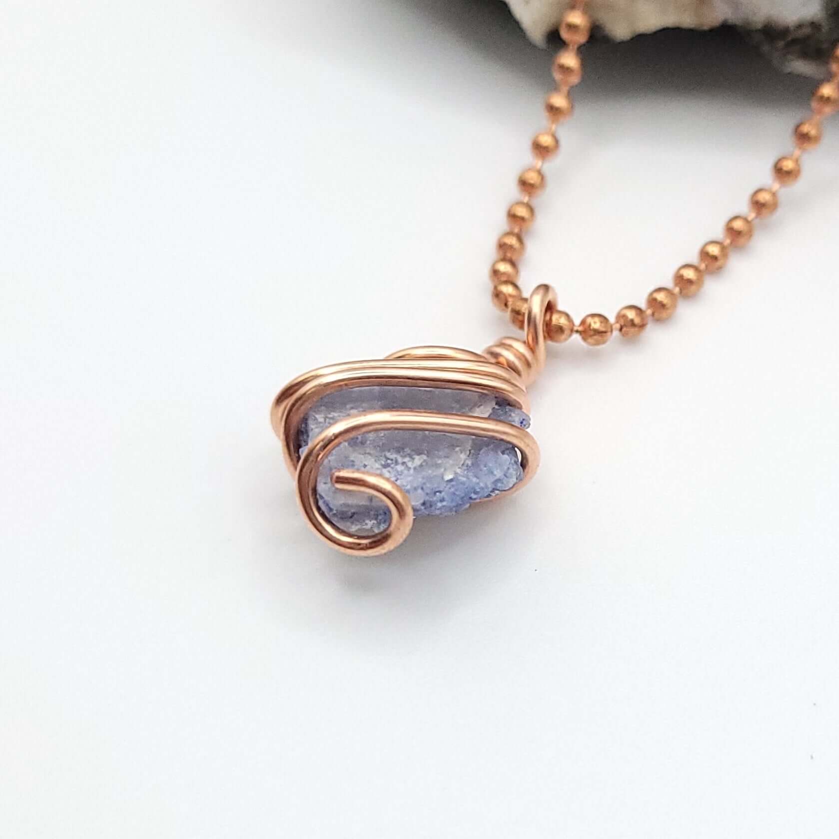 Dumortierite Quartz Crystal Pendant in Copper side view