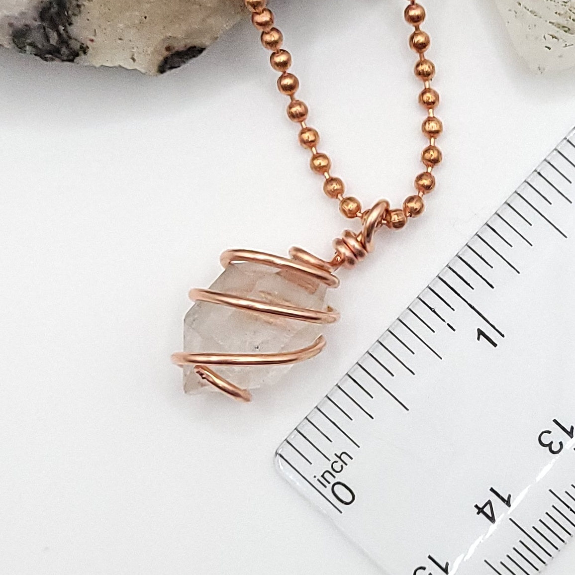 Raw Herkimer Diamond Quartz Crystal Necklace in Copper measurement just over an inch