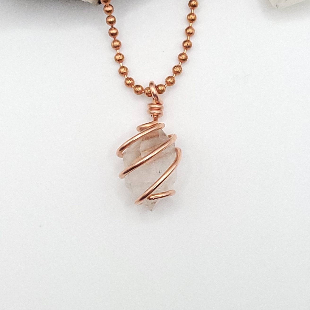 Raw Herkimer Diamond Quartz Crystal Necklace in Copper on white background
