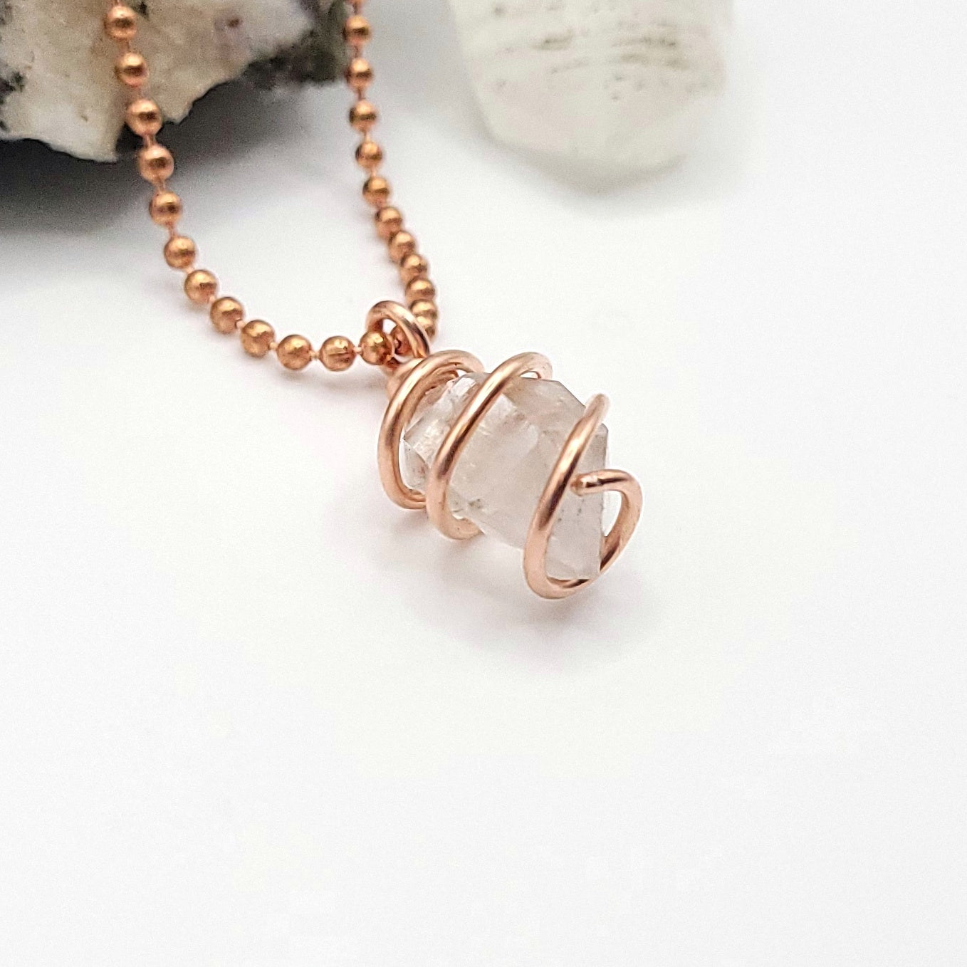 Raw Herkimer Diamond Quartz Crystal Necklace in Copper side view