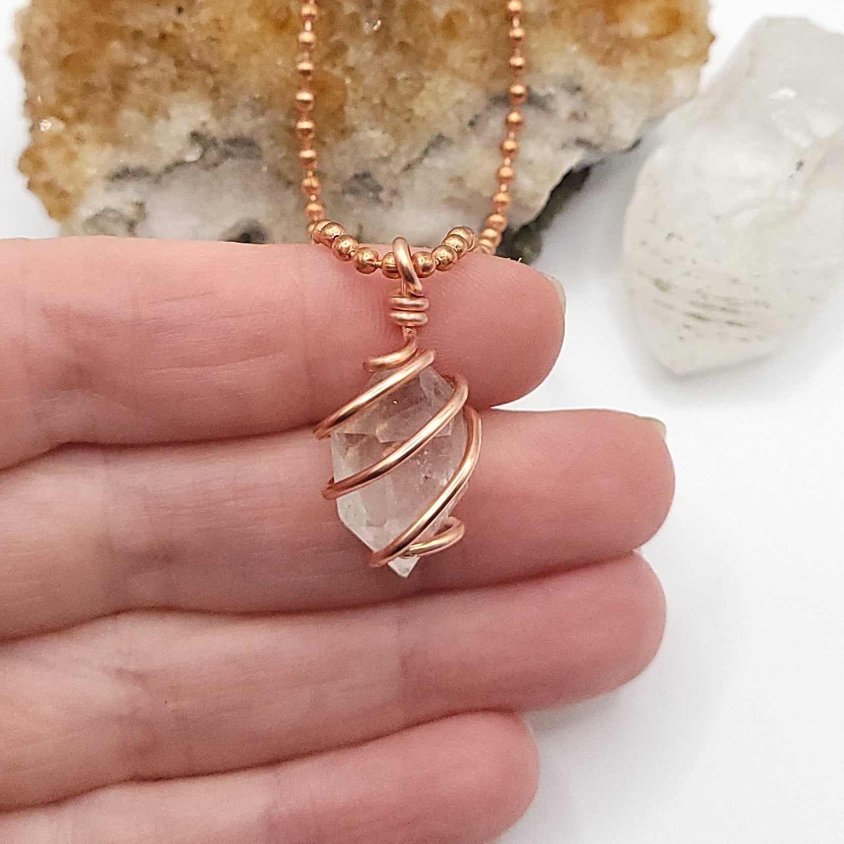 Raw Herkimer Diamond Quartz Crystal Necklace in Copper