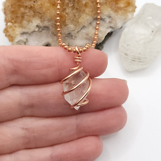 Raw Herkimer Diamond Quartz Crystal Necklace in Copper