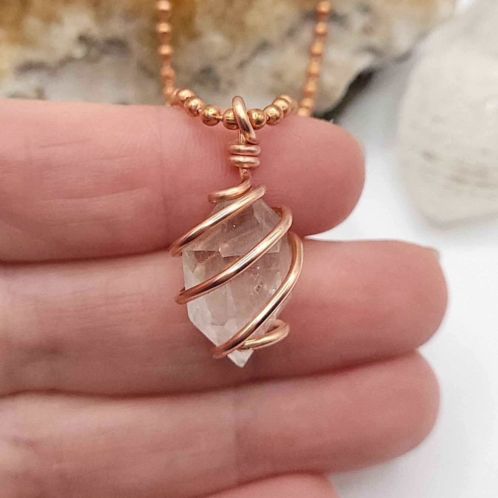 Raw Herkimer Diamond Quartz Crystal Necklace in Copper close up