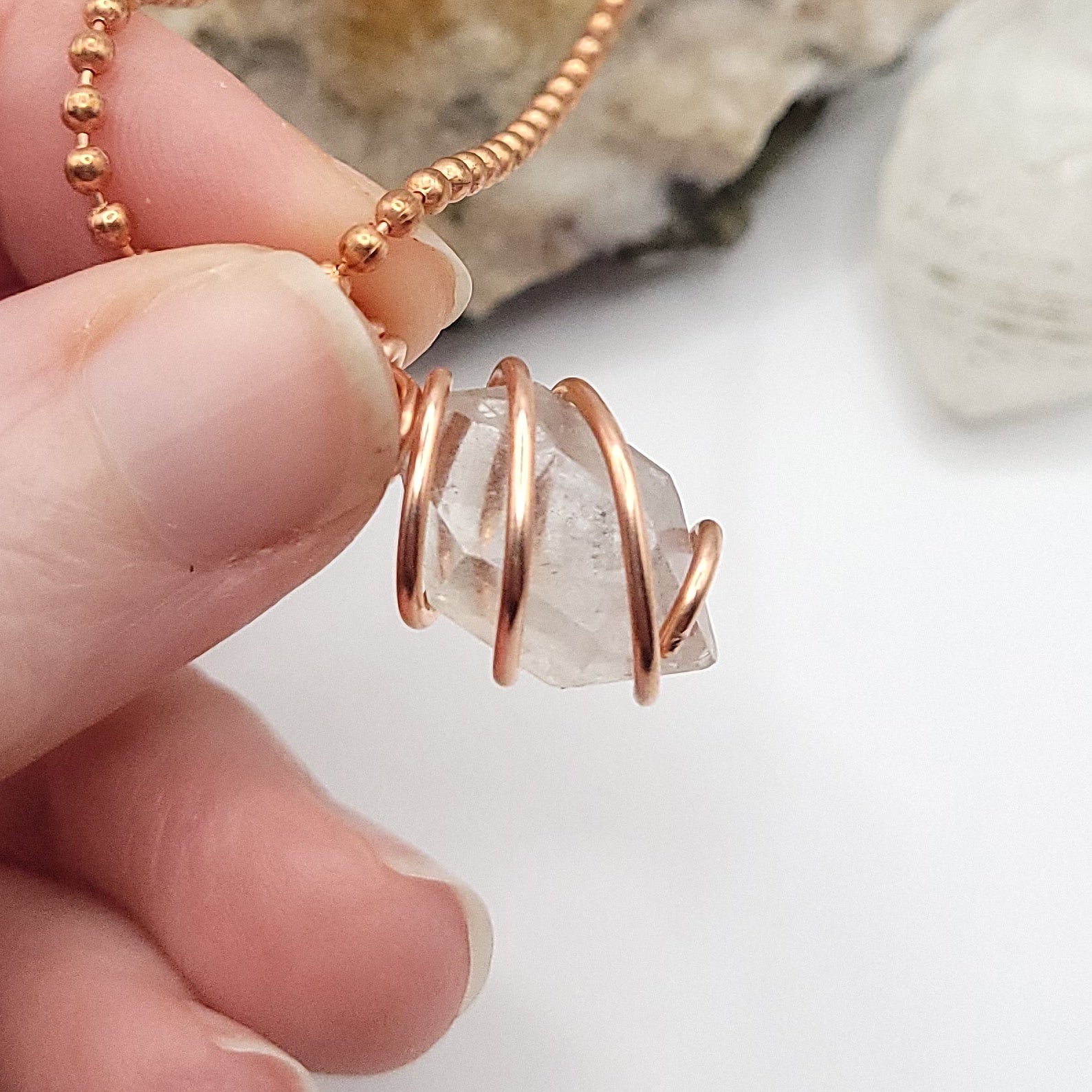 Raw Herkimer Diamond Quartz Crystal Necklace in Copper
