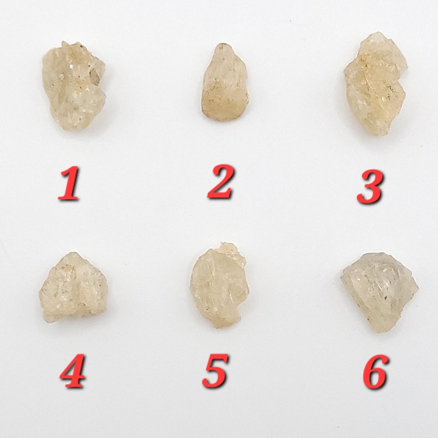 Six scapolite stone samples with numbers on a white background