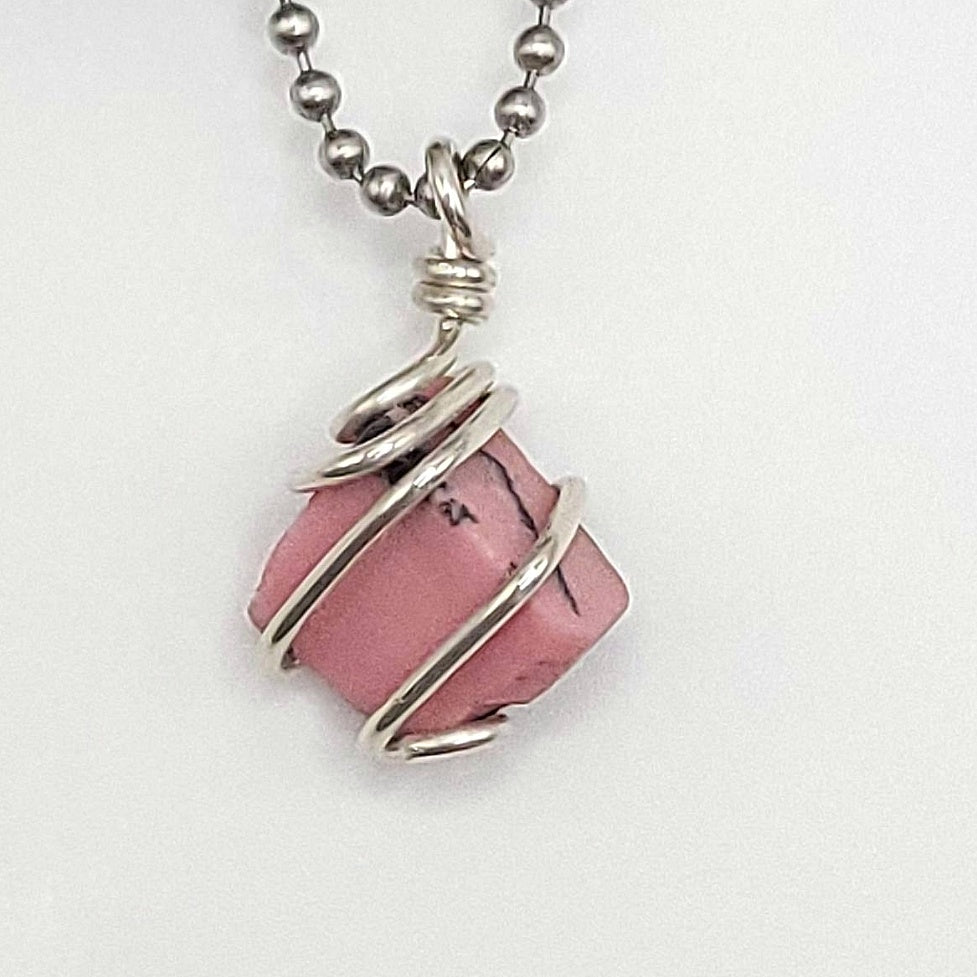 rhodonite necklace in silver close up