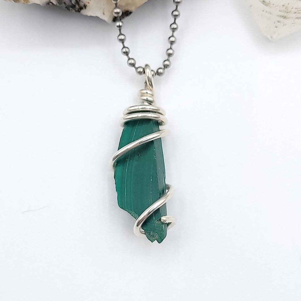 raw malachite necklace in silver