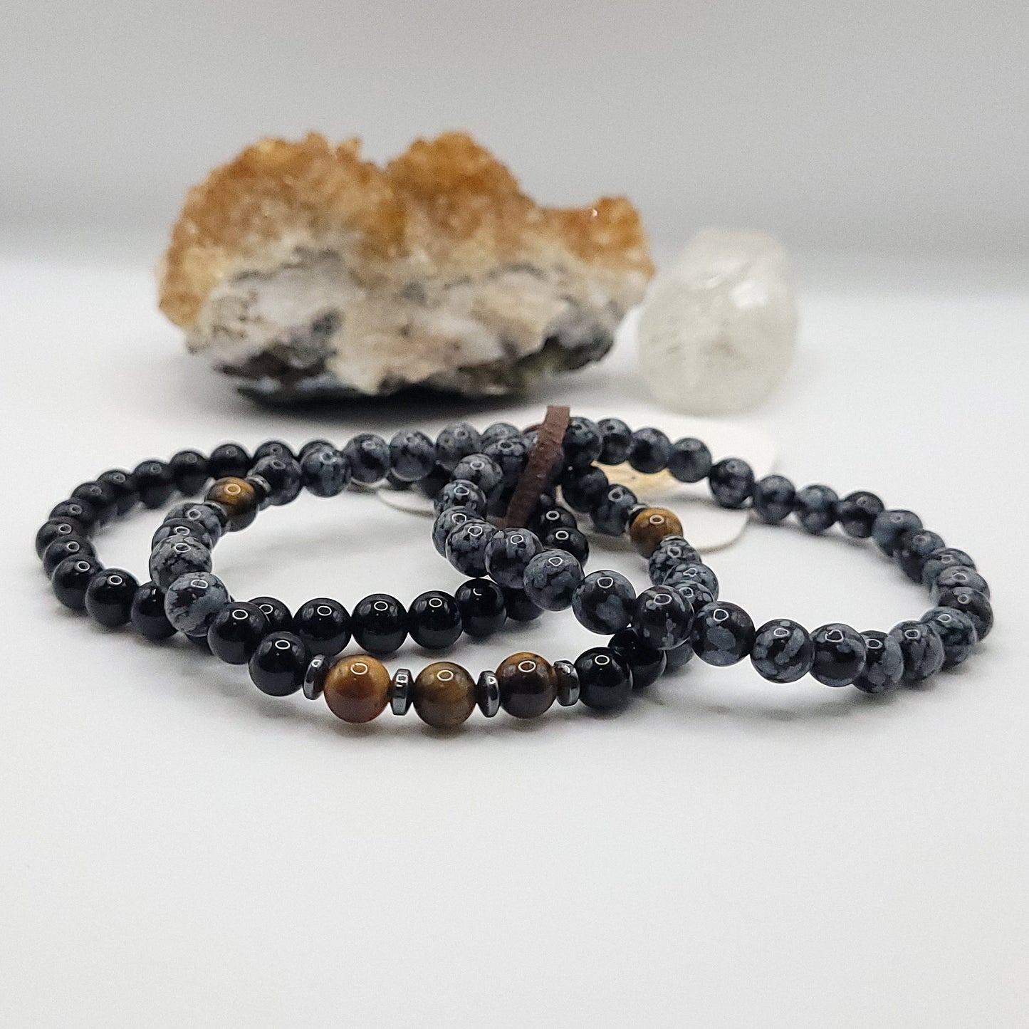 3 Bracelet Stack – Snowflake Obsidian, Tiger’s Eye & Obsidian