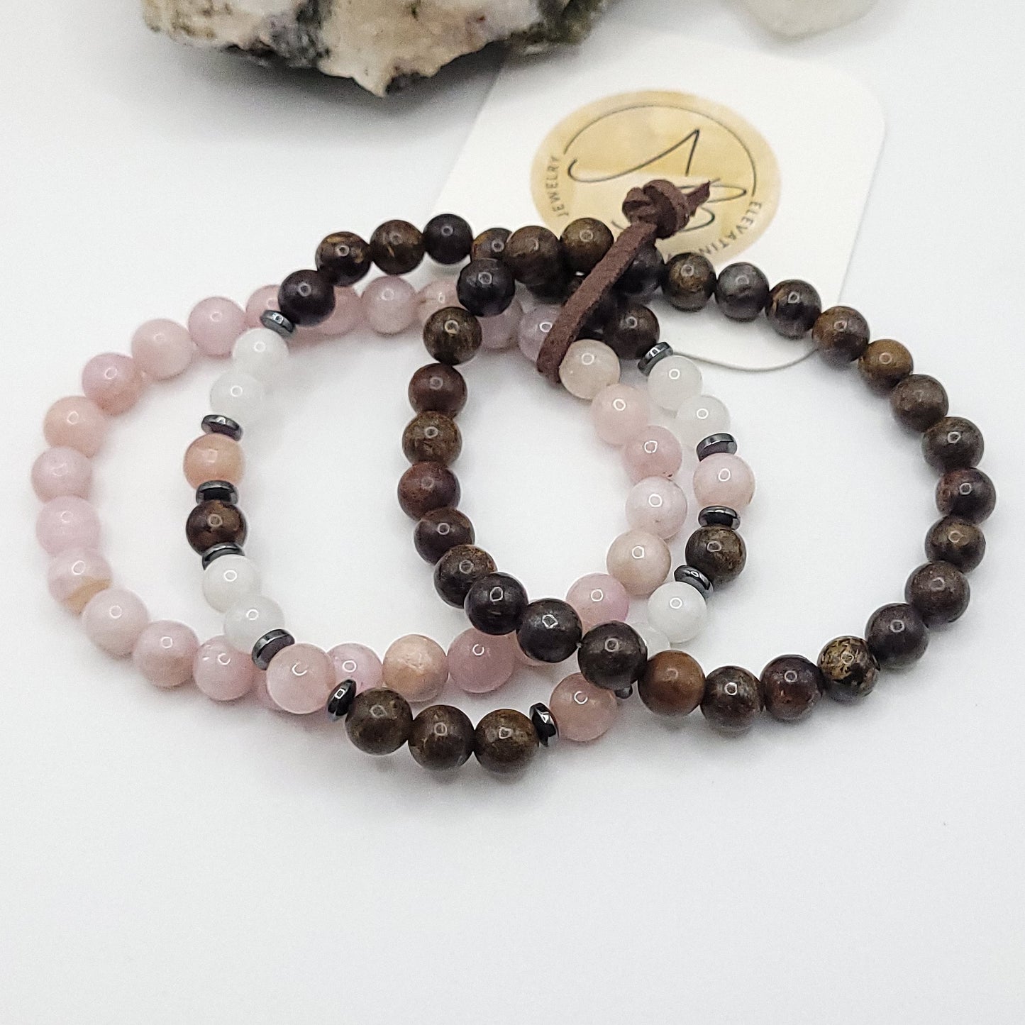 kunzite, bronzite, moonstone 3 bracelet stack