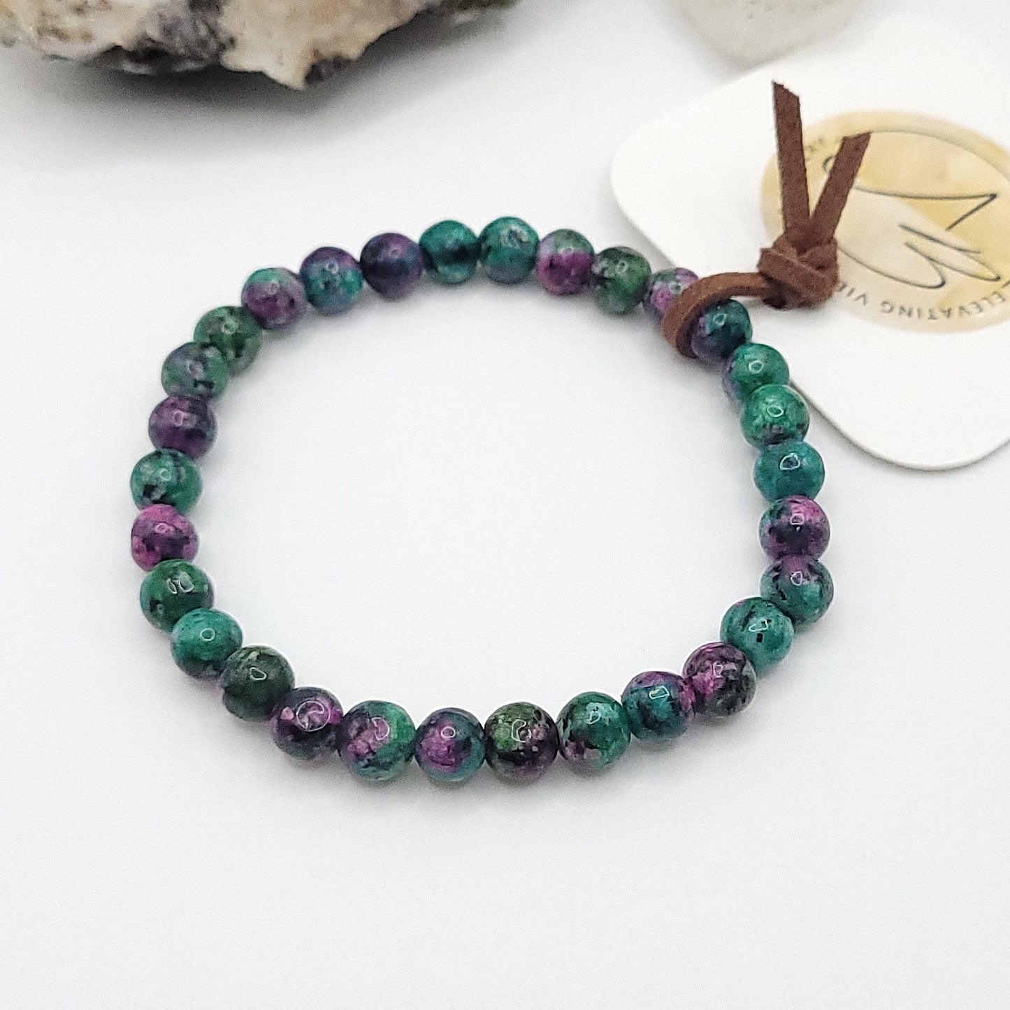 ruby zoisite bracelet, 7" beaded stretch bracelet on white background