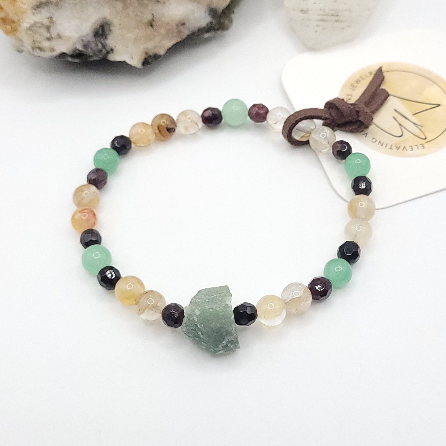 Green Aventurine Golden Healer & Garnet bracelet on white background