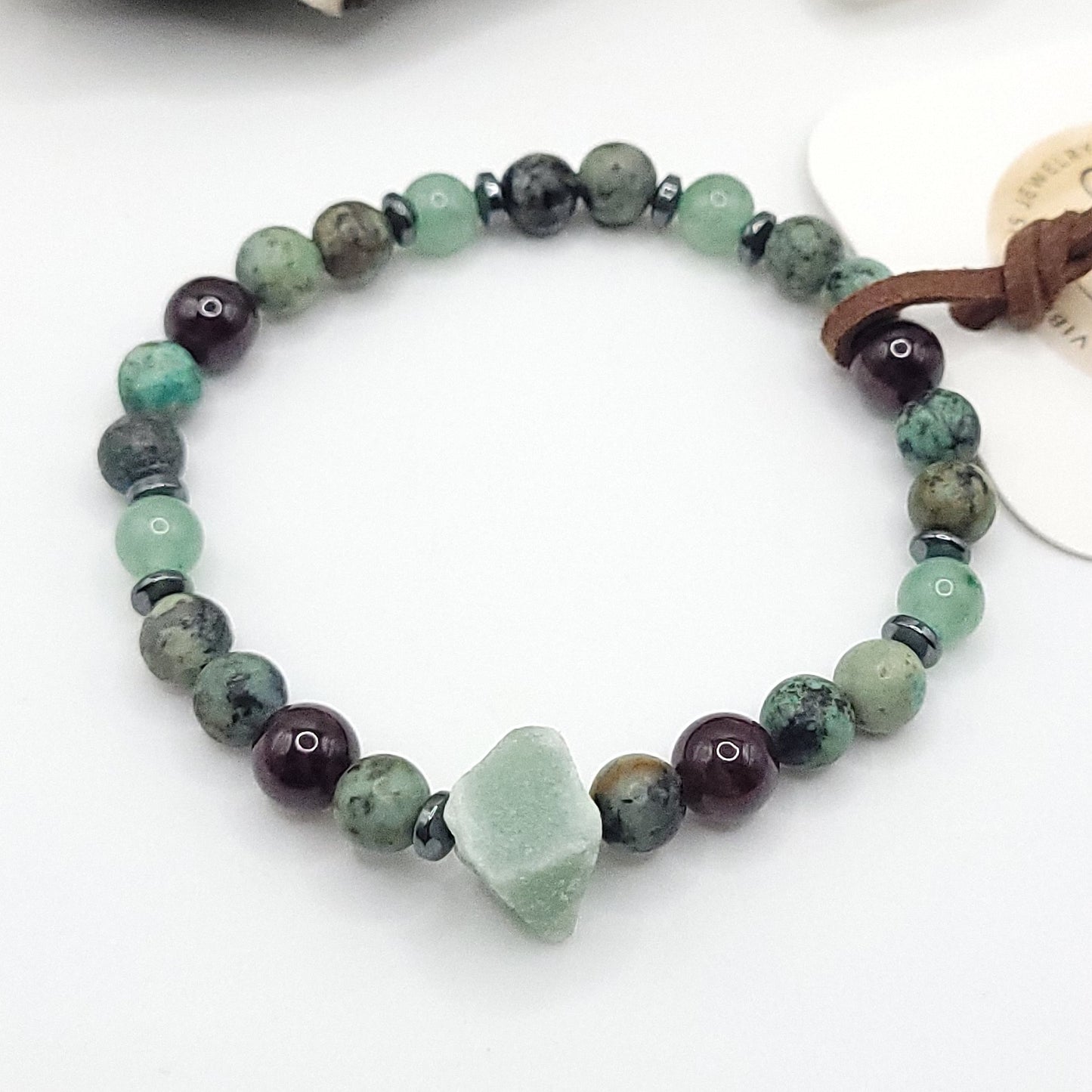 Green Aventurine African Turquoise & Garnet Bracelet on white background