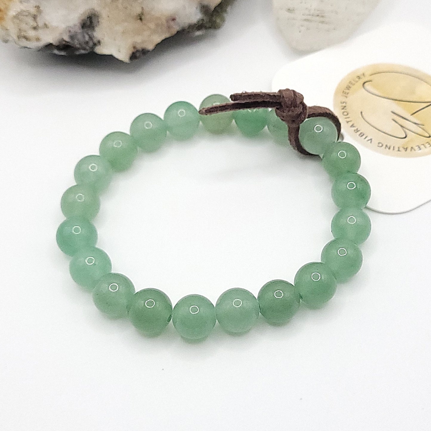 green aventurine bracelet, 7" beaded stretch bracelet on white background