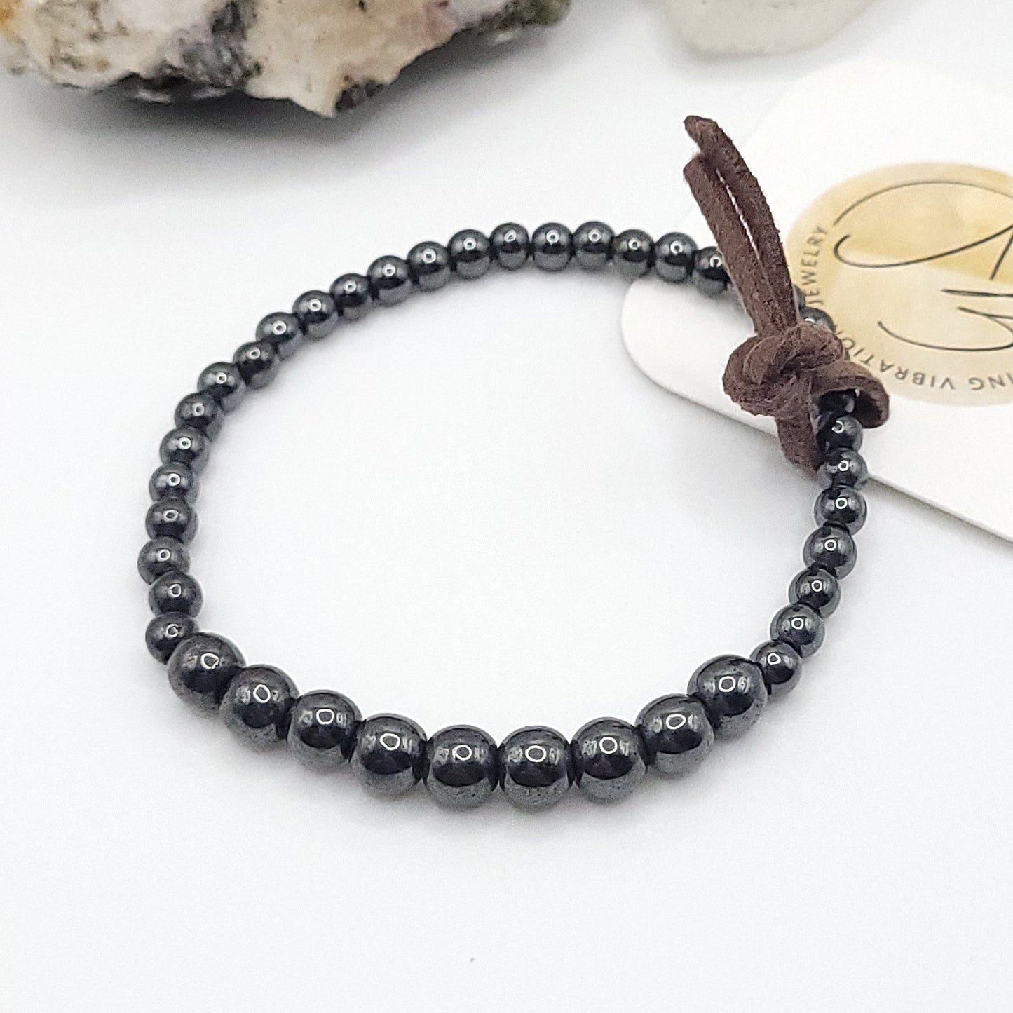 hematite bracelet, 7" beaded stretch bracelet on white background