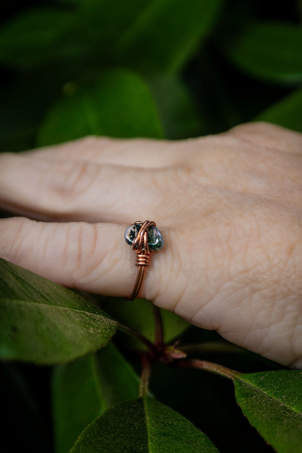 Green Moss Agate Ring, Copper Wire Wrapped Ring