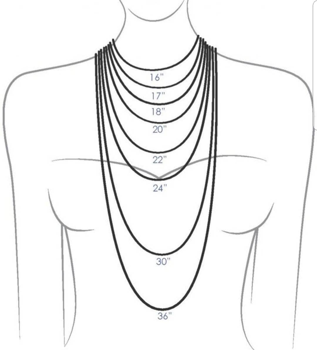 Diagram showing necklace lengths from 16 to 36 inches for jewelry styling options.
