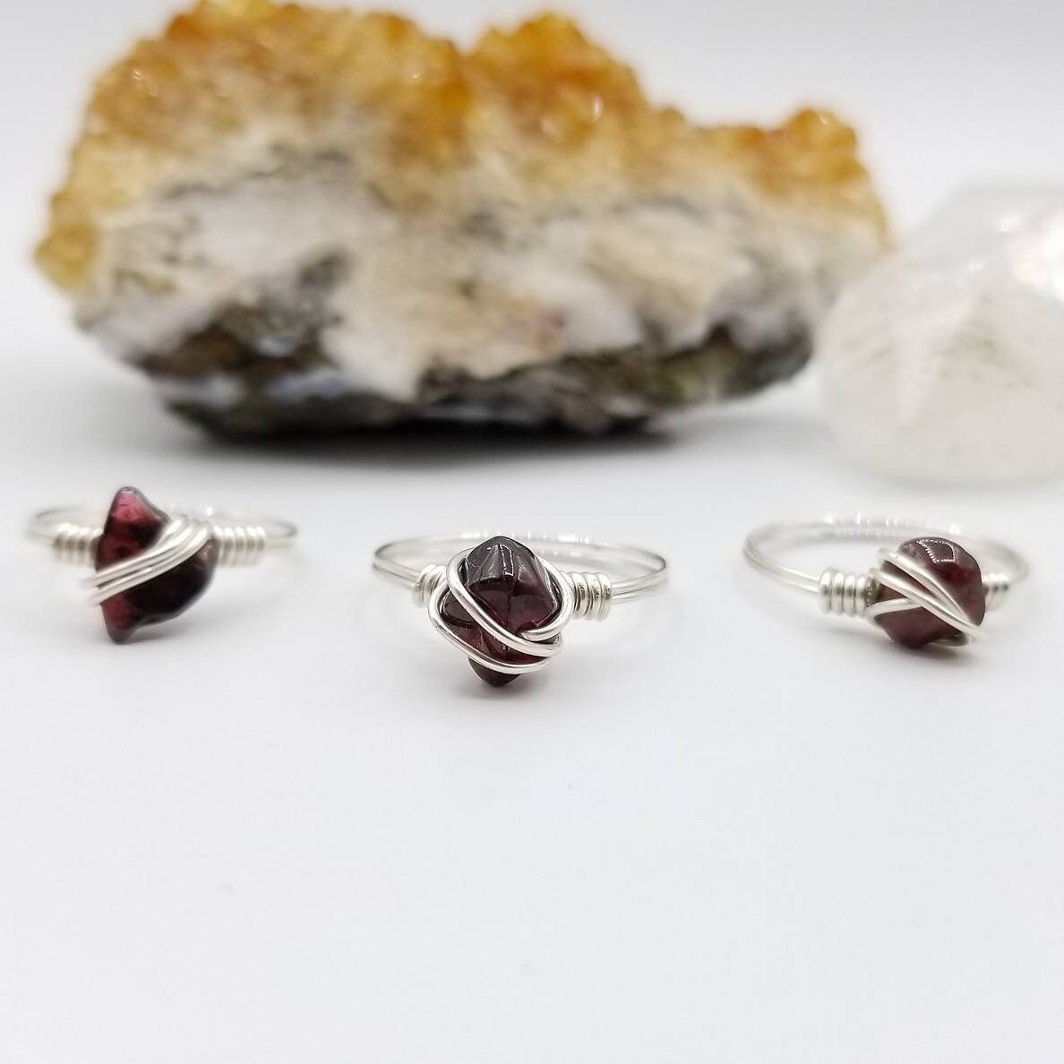 Garnet Ring, Silver Wire Wrapped Ring, January Birthstone Ring