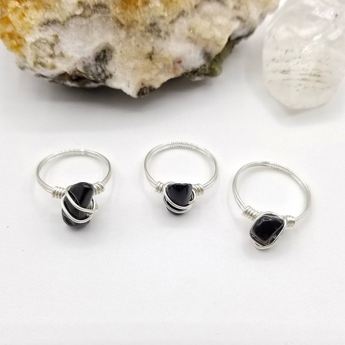 Onyx Ring, Silver Wire Wrapped Ring